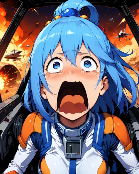 masterpiece, best quality, very aesthetic, absurdres, star wars, solo, 1girl, aqua \(konosuba\), rebel pilot suit, open mouth, tears, crying, crying with eyes open, star wars ship interior, medium-distance shot, cockpit view, female focus, explosions, <lora:add-detail-xl:0.8>, <lora:xl_more_art-full_v1:0.8>, <lora:RebelpilotXLCopax:0.8>, <lora:XL_crying_aqua(kohaku_delta):1>