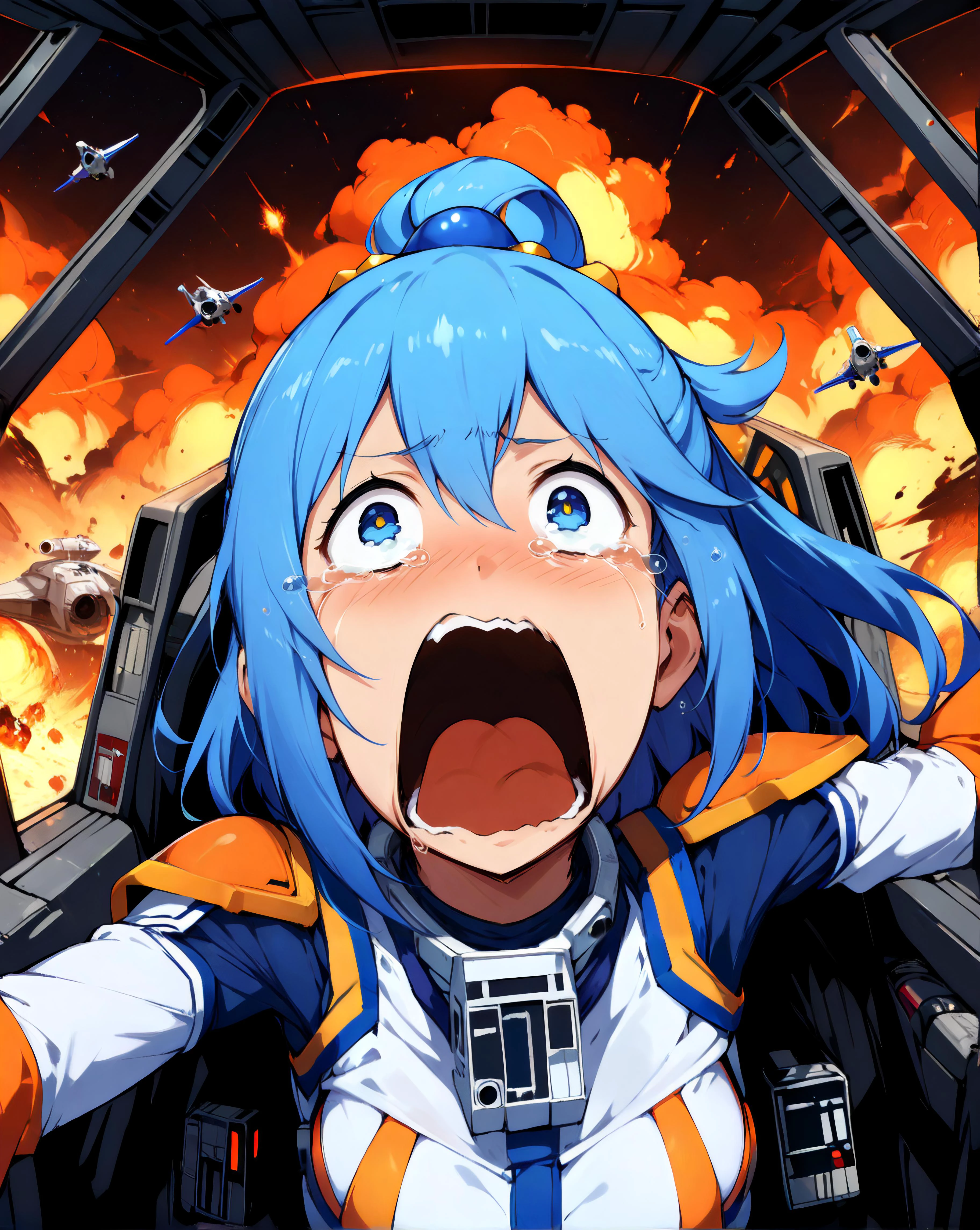 masterpiece, best quality, very aesthetic, absurdres, star wars, solo, 1girl, aqua \(konosuba\), rebel pilot suit, open mouth, tears, crying, crying with eyes open, star wars ship interior, medium-distance shot, cockpit view, female focus, explosions, <lora:add-detail-xl:0.8>, <lora:xl_more_art-full_v1:0.8>, <lora:RebelpilotXLCopax:0.8>, <lora:XL_crying_aqua(kohaku_delta):1>