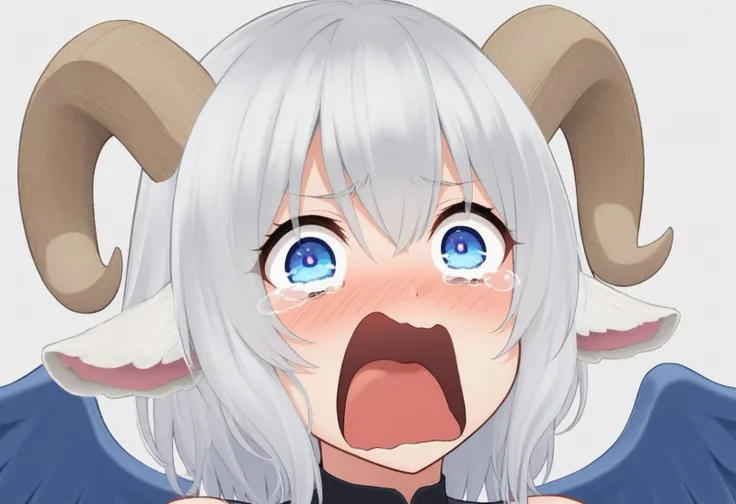 Quality, masterpiece, best quality, illustration,Aluki, 1 girl, solo, white hair, blue eyes, white goat ears only, ligth brown goat horns, medium hair, red eyeliner, no human ears, 2 blue wings, no wings on the head,only blue wings on the back, <lora:XL_crying_aqua(kohaku_delta)-000009:1>,open mouth,solo,tears,crying,blush,crying with eyes open