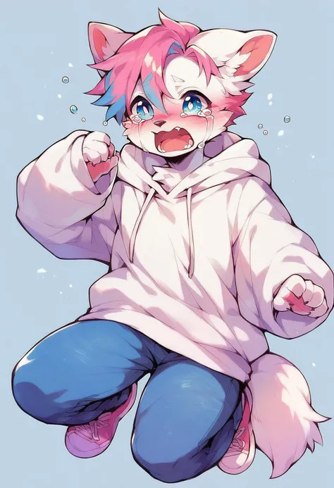 score_9, score_8_up, score_7_up, score_6_up, colourful anthropomorphic arctic fox, blue highlights, pink highlights, male, jeans, white oversized hoodie, sneakers, white fur,
open mouth,solo,tears,crying,blush,crying with eyes open