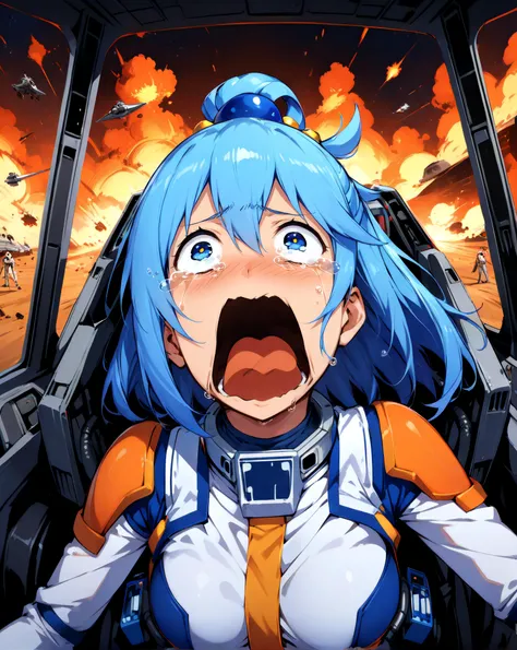 masterpiece, best quality, very aesthetic, absurdres, star wars, solo, 1girl, aqua \(konosuba\), rebel pilot suit, open mouth, tears, crying, crying with eyes open, star wars ship interior, medium-distance shot, cockpit view, female focus, explosions, <lora:add-detail-xl:0.8>, <lora:xl_more_art-full_v1:0.8>, <lora:RebelpilotXLCopax:0.8>, <lora:XL_crying_aqua(kohaku_delta):1>