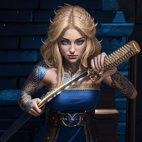 RAW photo, (high detailed skin, detailed eyes:1.1), intricate details, best quality, 8k uhd, soft lighting, blue dress, bare shoulders, blonde hair, tattoos, sif, <lora:Sif_GoWR_v3:0.8>, IncrsUnsheathingAKatanaMeme, sheath, holding sheath <lora:ChihiroUnsheathingAKatanaMeme:1> <lora:LowRA:0.6>