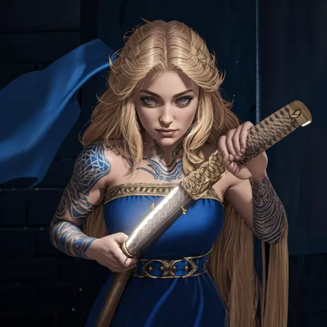 RAW photo, (high detailed skin, detailed eyes:1.1), intricate details, best quality, 8k uhd, soft lighting, blue dress, bare shoulders, blonde hair, extremely long hair, tattoos, sif, <lora:Sif_GoWR_v3:0.8>, IncrsUnsheathingAKatanaMeme, sheath, holding sheath <lora:ChihiroUnsheathingAKatanaMeme:1> <lora:LowRA:0.6>
