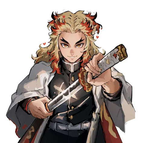 (masterpiece, best quality:1.2), solo, male focus, 1boy, rengoku kyojuro, smile, incrsunsheathingakatanameme, sheath, holding sheath, long hair, forked eyebrows, demon slayer uniform, black jacket, long sleeves, white cape <lora:demonslayer_rengoku:1> <lora:ChihiroUnsheathingAKatanaMeme:1>