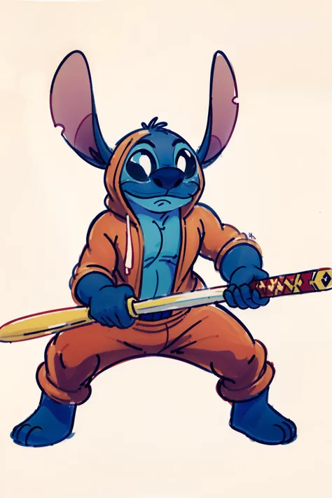 highres, 8k, absurdres, solo, looking at viewer,  simple background, white background, stitchdisney, full body, (blue stitch), (cartoon:1.5), (animated:1.4), sheath, holding sheath, red hoodie, (cute:1.2),(IncrsUnsheathingAKatanaMeme:1.4),
<lora:stitch_v10:0.7> ,  <lora:ChihiroUnsheathingAKatanaMeme:0.7>