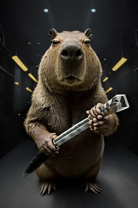 (Highest Quality, UHD,8k,masterpiece, Amazing Details), (cinematic colors, cinematic lighting, incredible details, dark shading, rich shading, perfect lighting), (capybara:1.2), <lora:capi:1>, IncrsUnsheathingAKatanaMeme, unsheathing sword, sheath, holding sheath, <lora:ChihiroUnsheathingAKatanaMeme:1>
