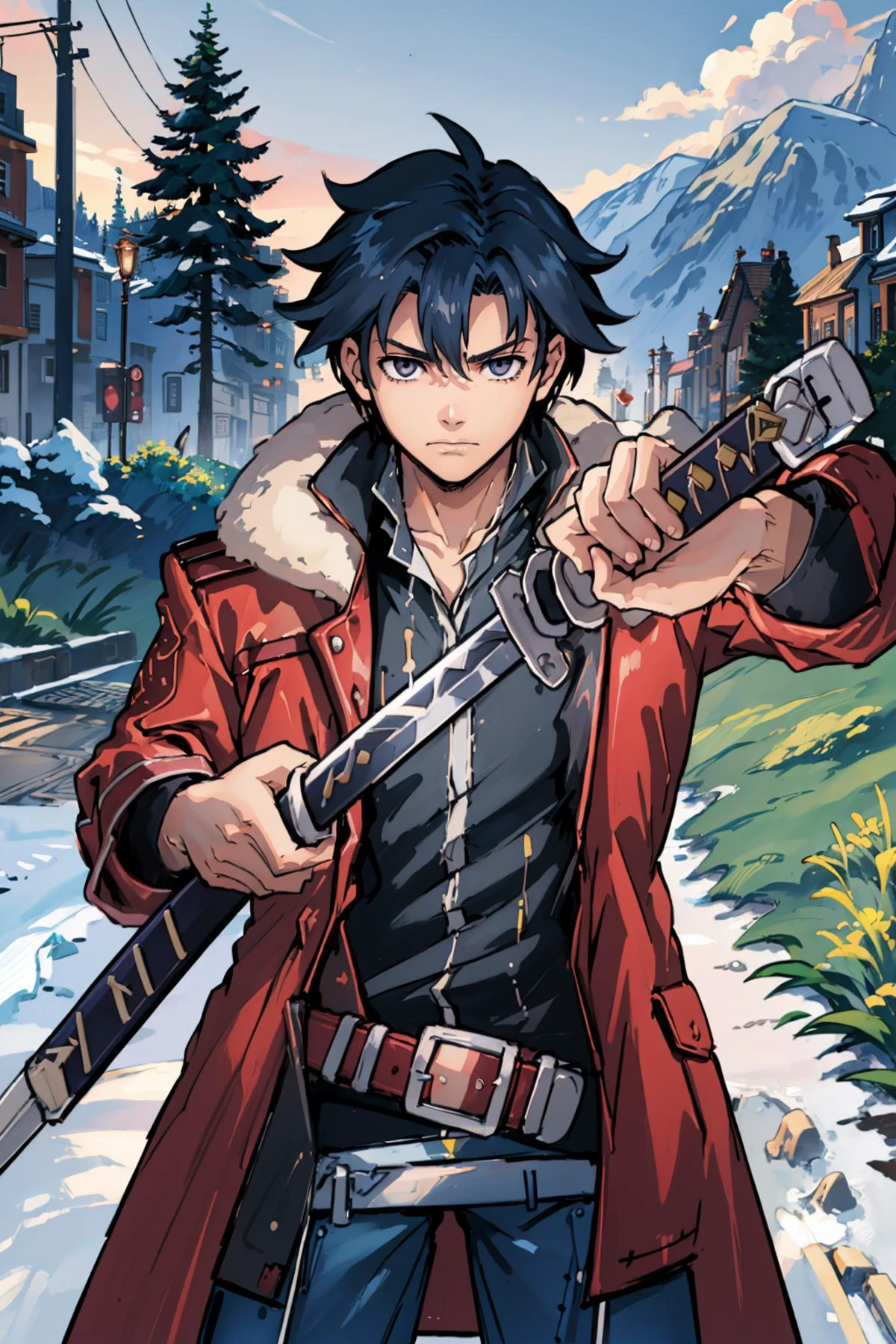 masterpiece, best quality, <lora:ChihiroUnsheathingAKatanaMeme:0.9> IncrsUnsheathingAKatanaMeme, sheath, holding sheath <lora:rean-nvwls-v1:0.7> rean schwarzer, sen2rean, red coat, fur trim, black shirt, brown belt, blue pants, furrowed brow, snow, field, alpine forest