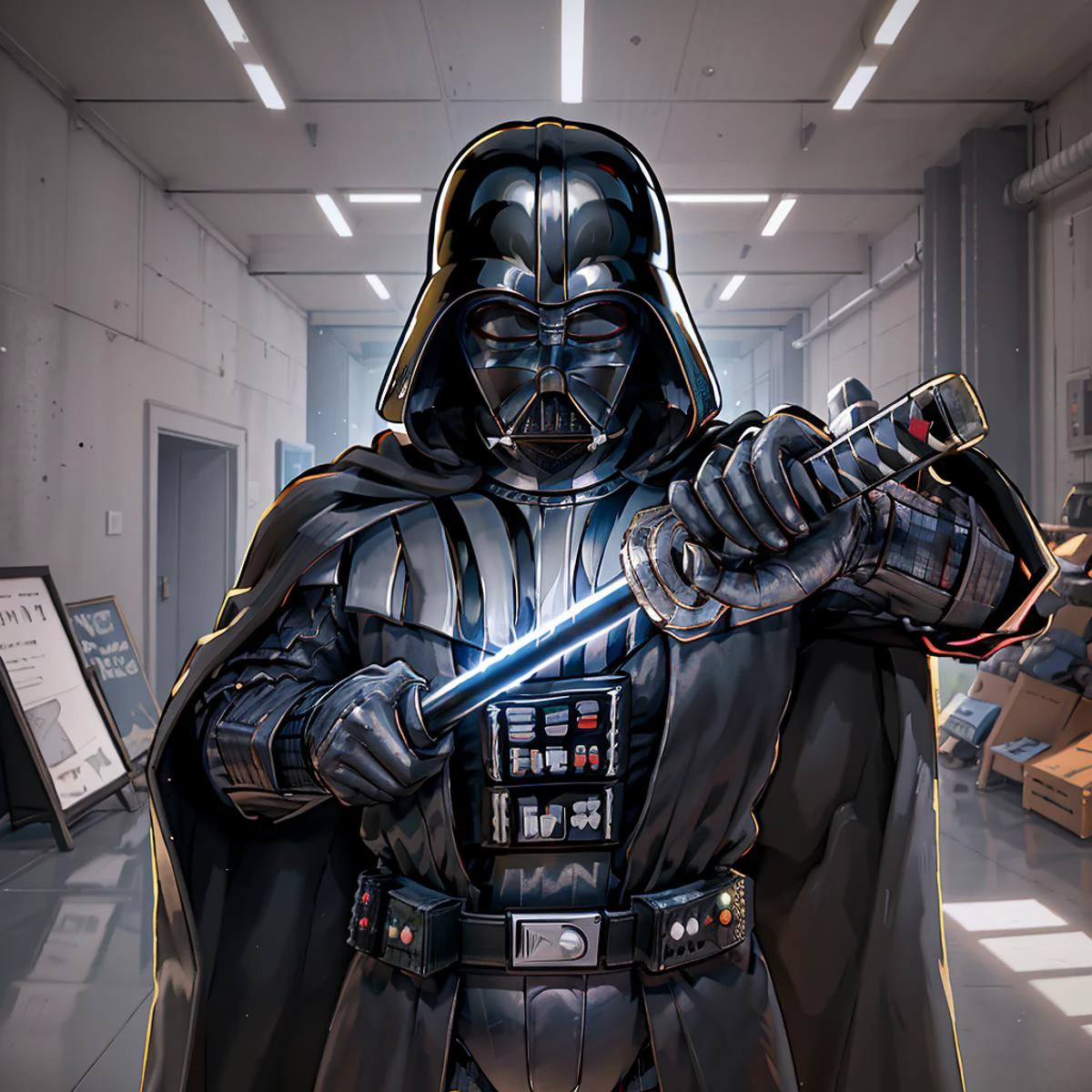 Highly detailed, High Quality, Masterpiece, beautiful, IncrsUnsheathingAKatanaMeme, sheath, holding sheath, <lora:ChihiroUnsheathingAKatanaMeme:0.8>, indoors, darth vader, Black_outfit,hood, hood_up, darth vader helmet,cape,armor, shoulder armor, <lora:Char_Sigmas_DarthVader:0.6>