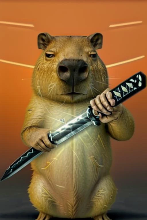 (Highest Quality, UHD,8k,masterpiece, Amazing Details), (cinematic colors, cinematic lighting, incredible details, dark shading, rich shading, perfect lighting), (capybara:1.2), <lora:capi:1>, IncrsUnsheathingAKatanaMeme, unsheathing sword, sheath, holding sheath, <lora:ChihiroUnsheathingAKatanaMeme:1>, <lora:memePure0830:1>