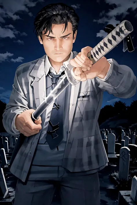 masterpiece, best quality, <lora:ChihiroUnsheathingAKatanaMeme:0.9> IncrsUnsheathingAKatanaMeme, sheath, holding sheath, <lora:benny-fnv-richy-v1:1.1> (benny:1.3), necktie,suit, graveyard, darkness, night, night sky, dark,