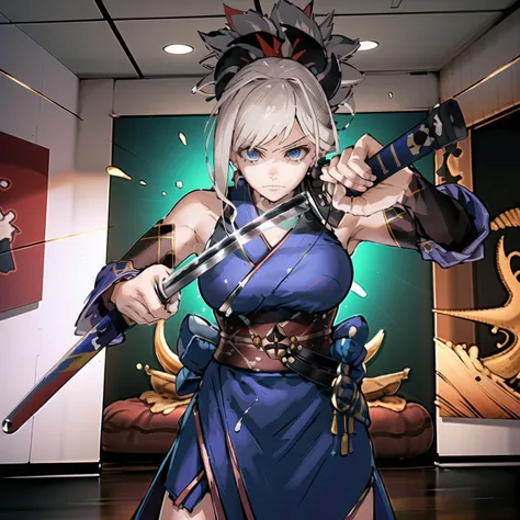 Highly detailed, High Quality, Masterpiece, beautiful, IncrsUnsheathingAKatanaMeme, sheath, holding sheath, <lora:ChihiroUnsheathingAKatanaMeme:0.9>, indoors, Saber1, detached sleeves, Default Kimono, <lora:Char_Fate_MiyamotoMusashi:0.9>
