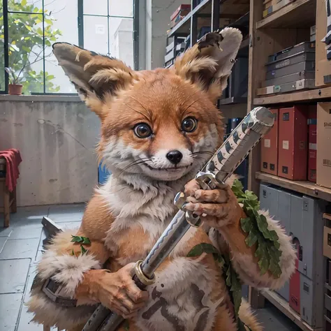 Highly detailed, High Quality, Masterpiece, beautiful, IncrsUnsheathingAKatanaMeme, sheath, holding sheath, <lora:ChihiroUnsheathingAKatanaMeme:0.8>, indoors, TailsTheFox, animal, animal focus, no humans, <lora:Char_Sonic_CursedTails:0.6>