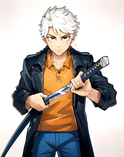 <lora:GoodHands-beta2:1> 1boy  <lora:LincolnLoud1-10:0.8> white hair, orange shirt, black eyes, pants, blue pants, 
[<lora:ChihiroUnsheathingAKatanaMeme:0.77>::15]  IncrsUnsheathingAKatanaMeme, sheath, holding sheath, black coat, close-up, 
<lora:khyleri_ex-07:0.35> <lora:inkerton-kun-1128it:0.35>