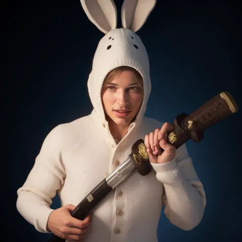 action  shot, skin texture, fabric texture, detailed, 8k,  depth of field, extreme long lens, upper body, eye level, dynamic pose ,dynamic angle, action pose,  closeup of  evelynnobodysd15 wearing a white bunny onesie, incrsunsheathingakatanameme, unsheath sword,  on3sie,  [green:hazel]eyes, smile <lora:onesie_v3-000009:0.4>  <lora:ClothingAdjuster3:-0.3>  <lora:waist_size_control_v1.0:0.5> <lora:ass_size_control_v1.0:-0.5>   (big breasts:1.1)   <lora:ChihiroUnsheathingAKatanaMeme:0.9>