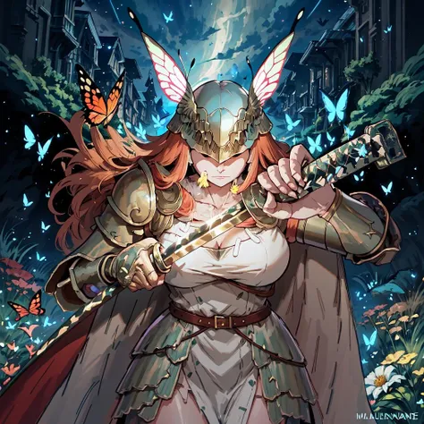 Highly detailed, High Quality, Masterpiece, beautiful, IncrsUnsheathingAKatanaMeme, sheath, holding sheath, <lora:ChihiroUnsheathingAKatanaMeme:1>, Malenia, single mechanical arm, prosthesis, armor, cape, helmet, brown dress, <lora:Char_EldenRing_Malenia:1>, night, starry sky, butterfly, flower,