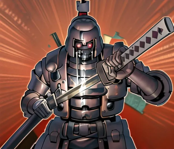 <lora:Yu-gi-oh_Ancient_Gear-000014:0.8> (ancient gear, /yu-gi-oh!/, antic, robot:1.3) wear an ancient gear (Samurai armor:1.2), an old (rusty:1.1) copper Samurai armor,
with gear, ancient gear, and a samurai helmet, with a (gear single pauldron:1.2), Weilding an ancient gear (Katana)
(one eye:1.4), red eye,
<lora:ChihiroUnsheathingAKatanaMeme:0.9> (incrsunsheathingakatanameme:1.1)