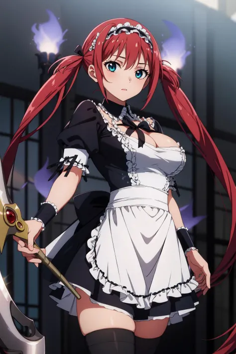 masterpiece, best quality, AiriV4, 1girl, solo, thighhighs, black thighhighs, apron, zettai ryouiki, maid, maid headdress, scythe, cleavage, wrist cuffs