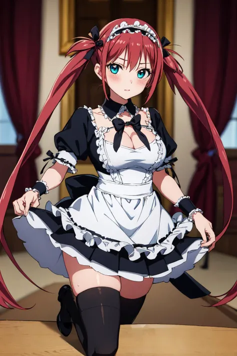 masterpiece, best quality, AiriV4, 1girl, solo, blush, thighhighs, black thighhighs, apron, zettai ryouiki, maid, maid headdress, cleavage, wrist cuffs
