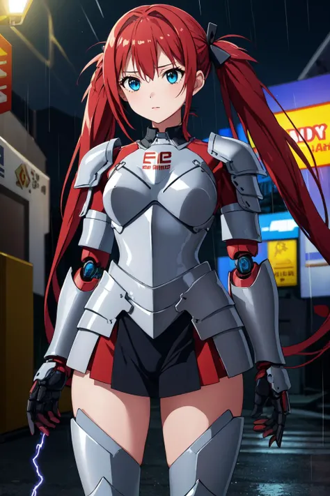 masterpiece, best quality, AiriV4, 1girl, solo, twintails, long hair, red hair, ((girl is a robot, armor, electric circuit)), cowboy shot, electricity, standing, city alley, night, rain, thunder