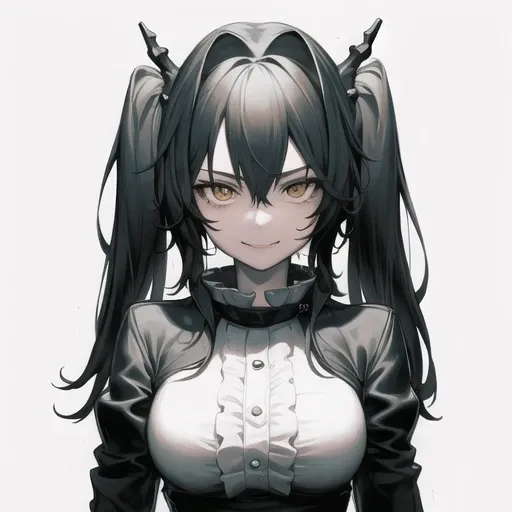 1girl,cowboy shot,talulah,. face portrait , black and white screen , very strong black color, ((50mm portrait photography )), very wide horror smile  <lora:talulah:0.7>, twintails, evil smile, flat color, big creepy eyes