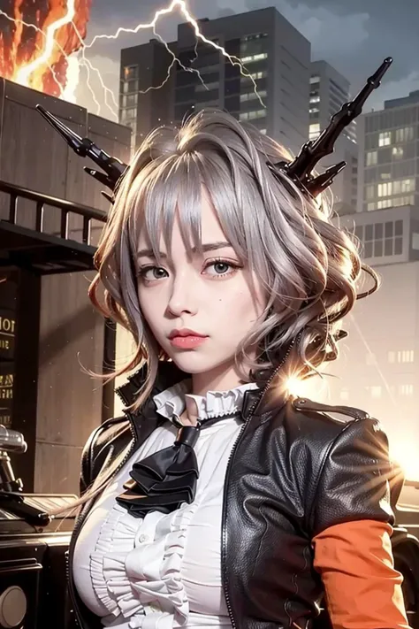masterpiece, best quality, silver hair, detailed eyes, detailed eyes, orange eyes,long noble dress,military uniform,ribbons,look at camera,background ruin,background fire, professional lightning, <lora:koreanDollLikeness_v10:0.2>, <lora:ArknightsTalulah_10:1>