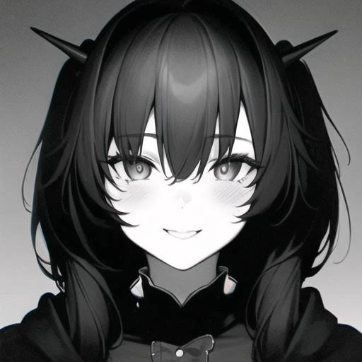 1girl,cowboy shot,talulah,. face portrait , black and white screen , very strong black color, 50mm portrait photography , very wide horror smile <lora:ArknightsTalulah_10:0.7>, twintails