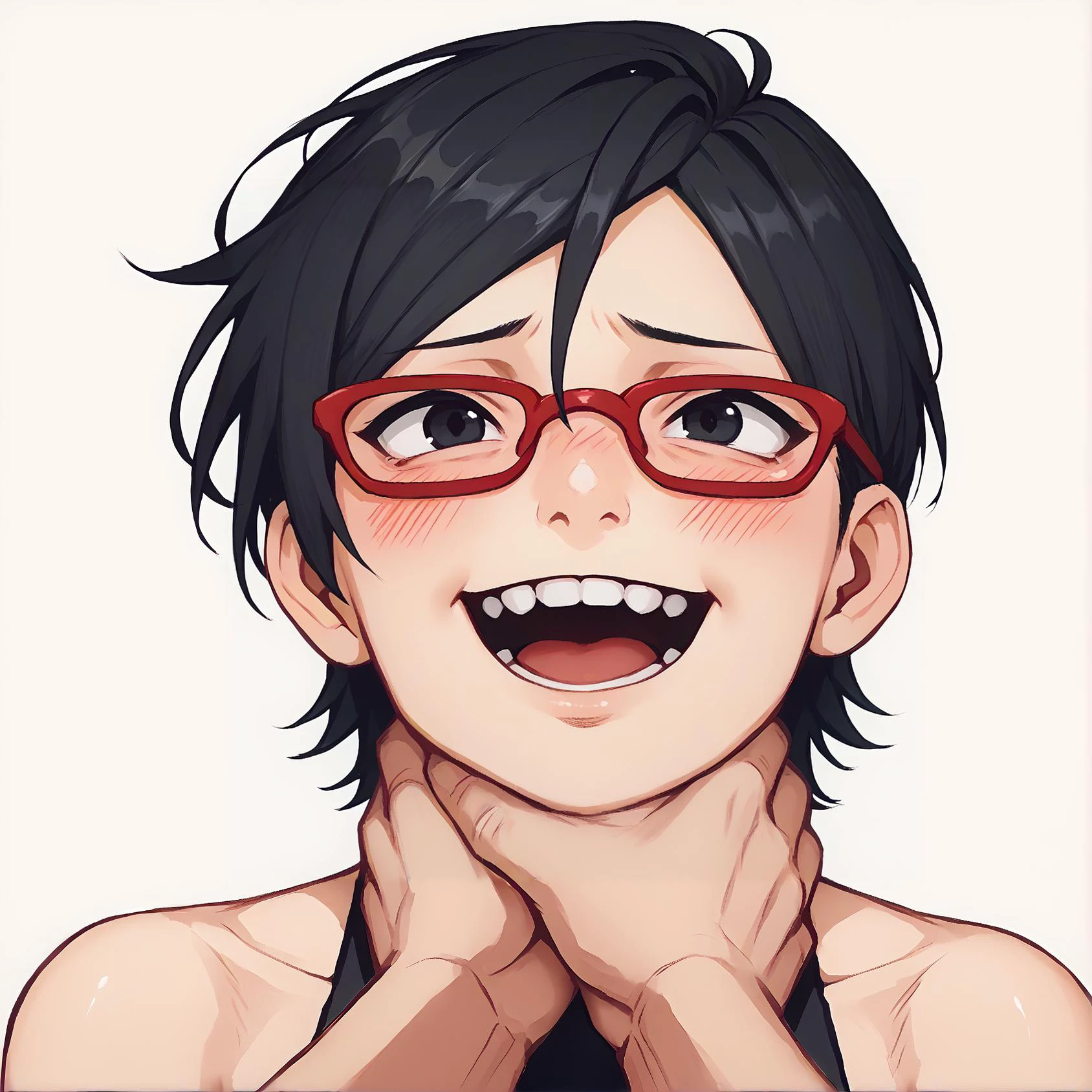 score_9, score_8_up, score_7_up,
<lora:lozhkin_pony:0.3> lozhkin, open mouth, big smile, accurate teeth with gaps, smile, blush,
neck_grab, throat_grab, <lora:neck_grab_pony:0.9:0.9>
uchiha sarada, bare shoulders, black eyes, black hair, blush, red framed glasses, short hair, <lora:Uchiha_Sarada_pony:0.8>
<lora:PDXL_artist_tags_v2_big:1>