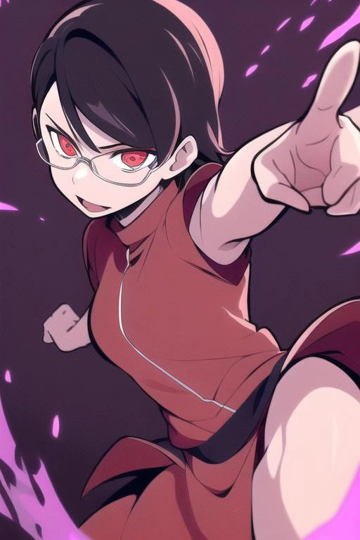 (best quality, masterpiece, ultra detailed), <lora:my_UchihaSarada_v2:0.8>, 1girl, uchiha sarada, glasses, dynamic pose, light particles, short hair, black hair, red eyes,