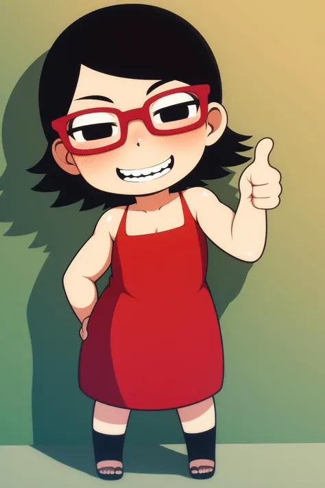 masterpiece, highest quality, best quality, 1girl, solo, looking at viewer, chibi,
uchiha sarada, bare shoulders, black eyes, black hair, blush, red framed glasses, short hair, (thumb up:1.1) <lora:my_UchihaSarada_v2:0.5>
lozhkin, big smile, accurate teeth with gaps <lora:lozhkin_V1:0.4>