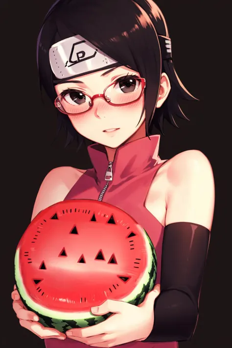 masterpiece, highest quality, best quality, 1boy, 1girl, solo, looking at viewer, age difference,
uchiha sarada, bare shoulders, black eyes, black hair, blush, red framed glasses, short hair, forehead protector, holding watermelon, <lora:my_UchihaSarada_v2:0.5>