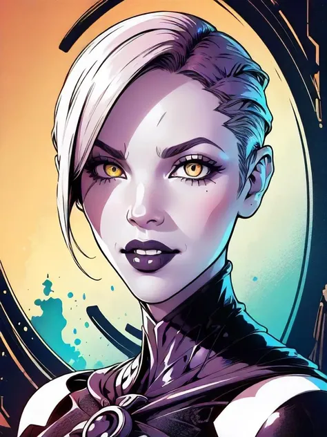 1girl, bald, evil smile, yellow eyes, upper body portrait, cleavage, looking at viewer<lora:asajjventress:1>, (best quality, masterpiece, perfect face, beautiful and aesthetic:1.2, colorful, dynamic angle, highest detailed face) (high contrast, official art, extreme detailed, highest detailed)