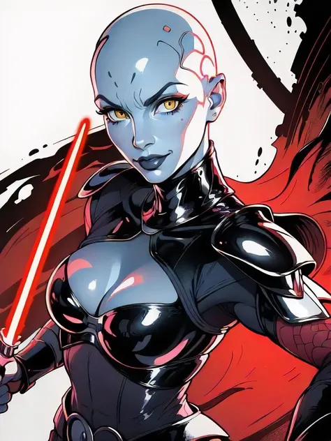 upper body portrait, cleavage, bald:1.3, evil smile, yellow eyes, , looking at viewer, asajjventress1girl, solo, breasts, holding, cleavage, medium breasts, weapon, sword, armor, lips, torn clothes, colored skin, dual wielding, bald, energy sword, lightsaber<lora:asajjventress:0.8>, (best quality, masterpiece, perfect face, beautiful and aesthetic:1.2, colorful, dynamic angle, highest detailed face) (high contrast, official art, extreme detailed, highest detailed)