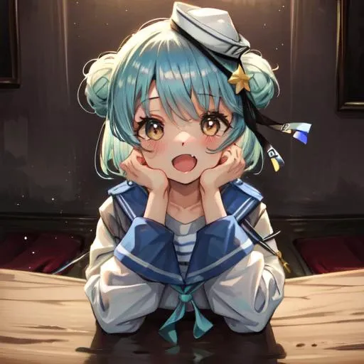 (masterpiece, best quality, illustration, delicate details, 8K: 1.2), (studio light, best shadow),
BREAK, (sharp eyeliner, eyeshadow, finely detailed beautiful iris and pupils, finely detailed beautiful eyes and face, perfect anatomy), brown eyes,
BREAK, nice hands, perfect hands, hand by Guido Daniele,
BREAK, 1girl, solo,
BREAK, SamuelKC, serafuka, long sleeves shirt, sleeve cuffs, aqua pleated skirt, miniskirt, blue sailor collar, aqua neckerchief, dixie cup hat, hat ribbon, star symbol (hat ribbon),
BREAK, cowboy shot, open mouth, smile, fang,
BREAK, <lora:add_detail:0.4>, <lora:hipoly_3dcg_v7-epoch:0.3:NF>, <lyco:GoodHands-beta2:1>, <lora:eyes:0.4>, <lora:Samuel-09:1>