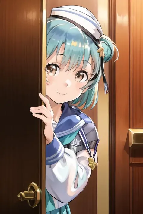 masterpiece, best quality,
1child, solo,
<lora:peeking_out_upper_body_pruned:1>peeking out upper body, wooden wall, opening door, 
smile,
<lora:Samuel:0.9>SamuelKC,
serafuka, long sleeves shirt, sleeve cuffs, aqua pleated skirt, miniskirt, blue sailor collar, aqua neckerchief, dixie cup hat, hat ribbon, star symbol (hat ribbon),
<lora:zeco_lora_v1-000010:0.7>