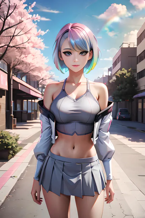 lucy, lucy from cyberpunk, cleavage, smile, grey eyes, grey hair, mechanical parts, medium breasts, off shoulder, open clothes, open jacket, pastel hair, pink hair, Pastel Rainbow hair, short hair, dyed hair, lewd, medium breasts, navel, oversized clothes, oversized shirt, 
nature, tree, day, outdoors, blue sky, sky, cloud, cloudy sky, 
(skirt), wearing skirt, miniskirt, short skirt, pleated skirt, 
highres, clear, ultra realistic, high quality, absurdres, 
 <lora:Lucy:0.6>