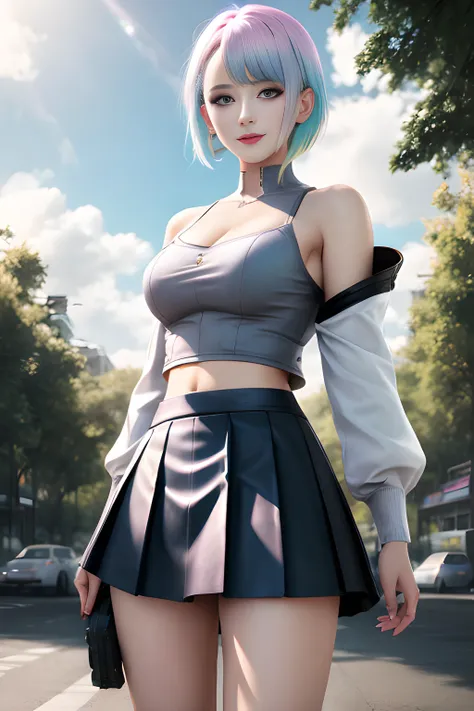 lucy, lucy from cyberpunk, cleavage, smile, grey eyes, grey hair, mechanical parts, medium breasts, off shoulder, open clothes, open jacket, pastel hair, pink hair, Pastel Rainbow hair, short hair, dyed hair, lewd, medium breasts, navel, oversized clothes, oversized shirt, 
nature, tree, day, outdoors, blue sky, sky, cloud, cloudy sky, 
(skirt), wearing skirt, miniskirt, short skirt, pleated skirt, 
highres, clear, ultra realistic, high quality, absurdres, 
 <lora:Lucy:0.6>