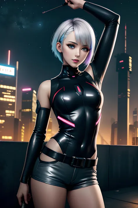 Hyper realistic super detailed sexy woman, Une fille confiante, NSFW (en anglais seulement) (en anglais seulement), Very detailed, expressions faciales sexy, seductive facial expressions, [:(Face detail: 1.4): 0.4], 16K resolution, 4k resolution, dinamic lighting, High definition resolution, (sexy pose, Position attrayante), (hyper realistic: 1.4), (back light: 1.2), (sun light: 1), (pleine hauteur: 1.8),(contrasting background: 1.5), (Anatomy of the hyperrealistic arm), (Hyperrealistic anatomy of the legs), (peau propre), (lighting cinematic: 1.7), (intime), (Technologie NVIDIA RTX Ray Tracing), (Anatomy of the hyperrealistic arm: 2), (Ventre plat parfait), (image couleur), Create a masterpiece in 4K resolution, ultra-realistic, and extremely detailed, featuring Lucy from 'Cyberpunk: Edgerunners.' Lucy is the central character of this artwork, known for her cyberpunk style and captivating presence. She stands in a futuristic cyberpunk cityscape, where neon lights and holographic billboards illuminate the night.

Lucy has striking platinum blonde hair that contrasts with the dark and gritty urban environment. Her eyes are a piercing shade of electric blue, reflecting her high-tech enhancements and edgy personality. She's dressed in cyberpunk-inspired lingerie that combines fashion and functionality, showcasing her confidence and allure.

The artwork should depict Lucy in full body, in a pose that captures her cyberpunk essence and mysterious aura. Perhaps she's framed by the neon lights of the city, adding to the futuristic atmosphere. The cyberpunk cityscape should be rendered with meticulous attention to detail, highlighting the gritty, high-tech nature of the world.