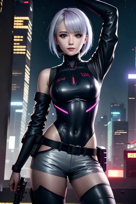masterpiece, (photorealistic:1.4), best quality, beautiful lighting, (ulzzang-6500:0.5), lucy \(cyberpunk\), 1girl, against railing, arm rest, bangs, bare shoulders, belt, black belt, black leotard, black pants, blurry, bob cut, breasts, building, cityscape, clothing cutout, cropped jacket, cyberpunk, depth of field, from side, gradient eyes, grey eyes, grey hair, jacket, leotard, lips, long sleeves, looking afar, looking ahead, mechanical parts, medium breasts, multicolored eyes, multicolored hair, night, night sky, off shoulder, open clothes, open jacket, outdoors, pants, parted lips, railing, red eyeliner, science fiction, short hair with long locks, short shorts, shorts, sidelocks, sky, solo, standing, teeth, thigh cutout, upper teeth only, white jacket, white shorts, cyberpunk \(series\), cyberpunk edgerunners, RAW photo, 8k uhd