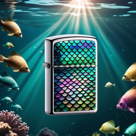 product photography , A Zippo with a surface made of shimmering mermaid scales, reflecting a captivating underwater world, shimmering:0.7, mermaid scales:0.8, underwater world:0.7. <lora:zippo:1.0>