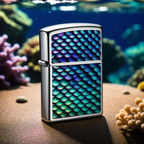 product photography , A Zippo with a surface made of shimmering mermaid scales, reflecting a captivating underwater world, shimmering:0.7, mermaid scales:0.8, underwater world:0.7. <lora:zippo:1.0>