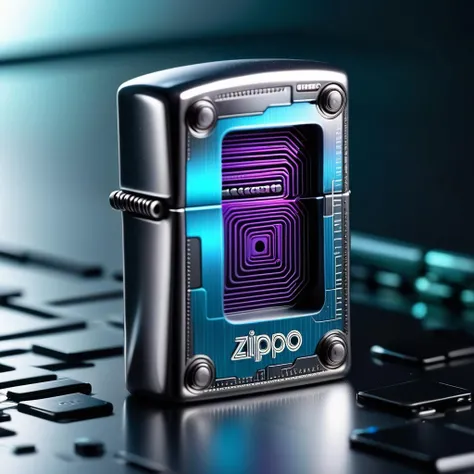 product photography , a zippo, Cybernetic , Robot mechanic ,Quantum waveform , Techno-dazzle , Grime , Electric , Time traveler , Time dilation , cyberpunk<lora:zippo:1.0>