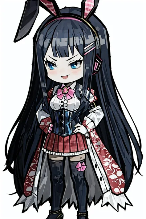 <lora:LibraryofRuina-fight:1>, 1girl, solo, tsukino mito, virtual youtuber, long hair, animal ears, thighhighs, fake animal ears, white background, full body, black hair, rabbit ears, simple background, white thighhighs, open mouth, hands on hips, hairclip, smile, skirt, looking at viewer, hair ornament, bangs, zettai ryouiki, bow, frills, jacket, long sleeves, gloves, blue eyes, standing, shirt, pink bow, blush, black jacket, bowtie, underbust, white shirt, headphones, straight hair, pink bowtie, very long hair, :d, collared shirt, plaid, corset, layered skirt, hairband, headset, black gloves, breasts, high heels, black footwear, wing collar, frilled skirt, buttons, shoes