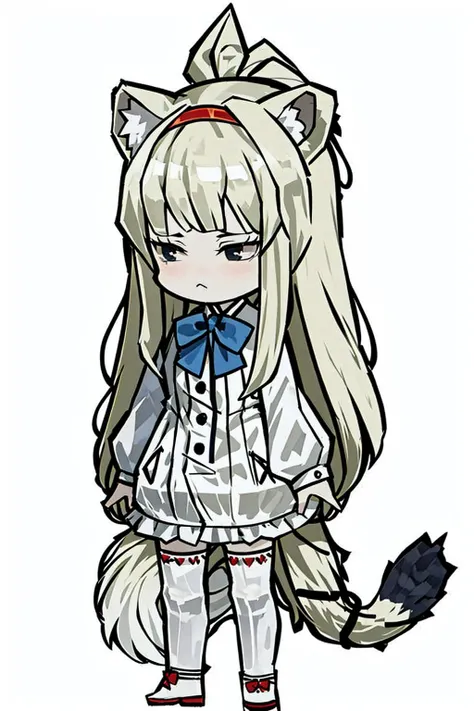 <lora:LibraryofRuina-fight:1>, 1girl, solo, animal ears, tail, thighhighs, long hair, blonde hair, lion ears, bow, dress, full body, virtual youtuber, white thighhighs, lion tail, lion girl, white background, looking at viewer, straight-on, simple background, blue bow, hairband, bowtie, grey eyes, long sleeves, bangs, zettai ryouiki, standing, blush, blue bowtie, white dress, closed mouth, animal ear fluff, arms at sides, black footwear, shoes, tail ornament, frills