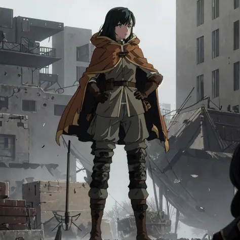 <lora:Lily_Nier-10:1>outdoor,street,Masterpeace,high quality,Lily_Nier, 1girl, black hair, green eyes, black boots, hood, cape, military, brown gloves, knee pads, grey pants,standing,full body,hand on hip