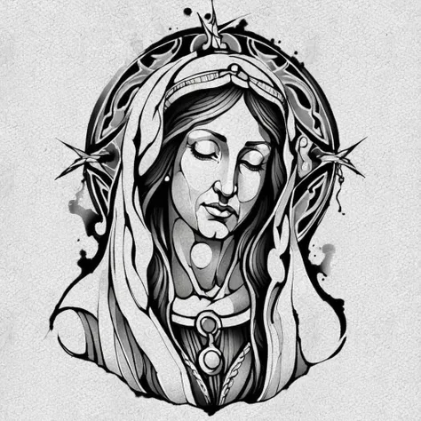 1y0n,<lora:1y0n:1>, Portrait of Blessed Virgin Mary, Monochrome,tattoo design,