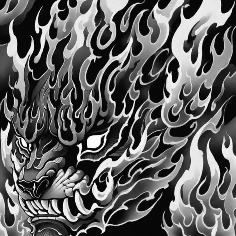 <lora:1y0n:0.8>1y0n beast flames monochrome