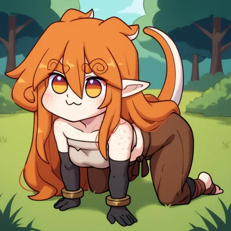 score_9, score_8_up, score_7_up, BREAK 1girl, solo, wonhan, freckles, multicolored eyes, pointy ears, animal ears, lizard tail, orange hair, very long hair, hair between eyes, medium breasts, <lora:WonhanPDXL_V1-Manityro-CAME:0.8>, outdoors, field, trees,
<lora:Doro_X_PDXL_V1:1.0>, doro, creature, :3, chibi, no humans, four legs, solid circle eyes, no pupils, all fours, side view, full body,
tribout, tribal, layered clothing, tube top, elbow gloves, black gloves, bracelets, brown pants,