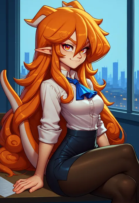 score_9, score_8_up, score_7_up, BREAK 1girl, solo, wonhan, freckles, multicolored eyes, pointy ears, animal ears, lizard tail, orange hair, long hair, hair between eyes, medium breasts, <lora:WonhanPDXL_V1-Manityro-CAME:1.0>, indoors, office, window, cityscape,
looking at viewer, smug, toned, cowboy shot, sitting, crossed legs, on desk, side view, dutch angle,
white shirt, dress shirt, blue ascot, black skirt, pencil skirt, black pantyhose, pantyhose under skirt