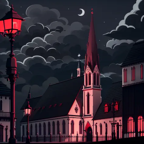 ((Cultist_Simulator, SimpleCult, masterpiece, best quality, detailed, absuredres)), city, building, street, lamppost, church, moon, cloud, night_sky, stars, ((red_theme)), simple_art_style, rain, storm clouds, monochrome <lora:CultistSimulatorStyle2:1>