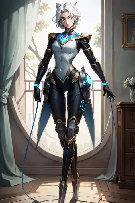 camille \(league of legends\), 1girl, cyborg, mechanical legs, bodysuit, white hair, detailed face, looking at viewer, full body, (masterpiece:1.2, best quality)